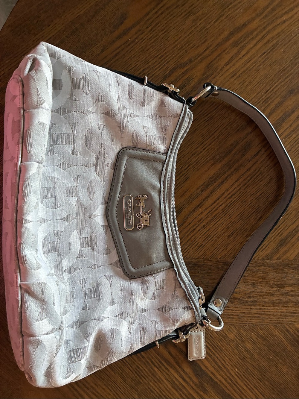 Coach Light Gray Signature Jacquard Shoulder Bag with Taupe Trim